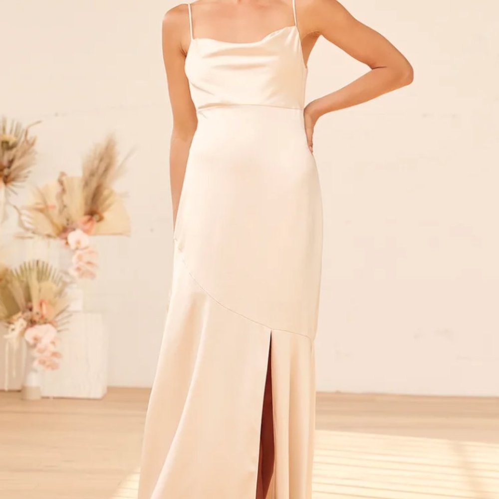 Moment in the Spotlight Champagne Satin Cowl Neck Maxi Dress
